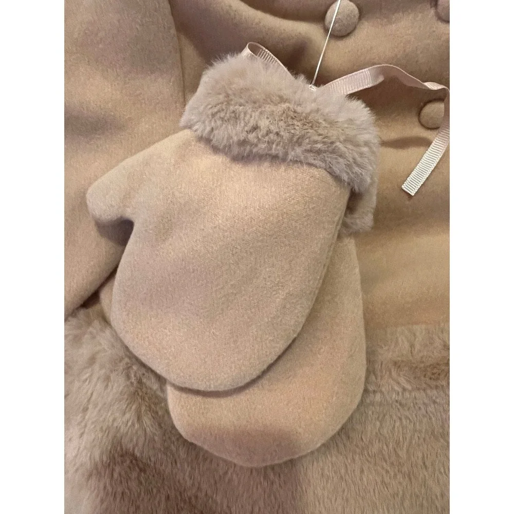 Max Studio Kids Hooded Jacket Mittens 12M Camel NEW Faux Fur 3 Piece Set